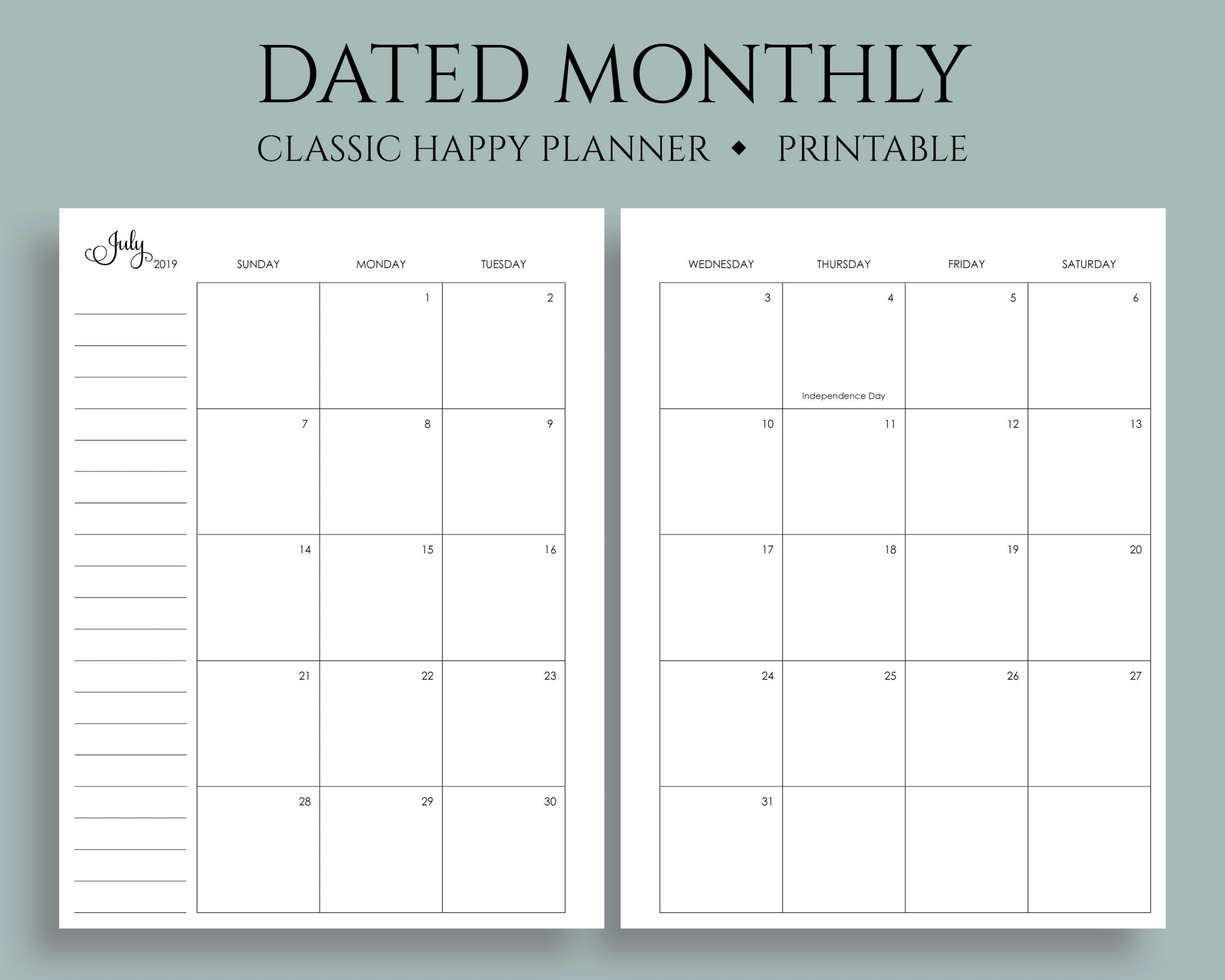 July 2019 - Dec 2020 Dated Monthly Calendar Printable Planner Inserts,  Sunday Start, Mo2P, Us Holidays ~ Classic Happy Planner 7 X 9.25&quot; Pdf