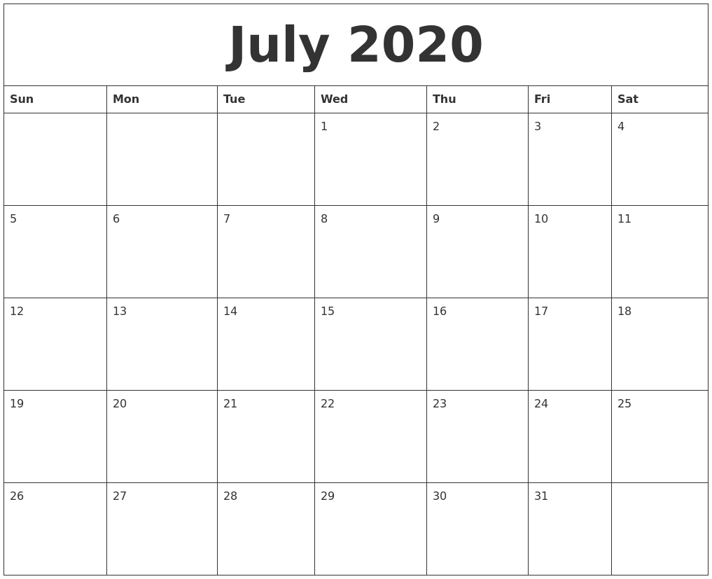 July 2020 Calendar Pages