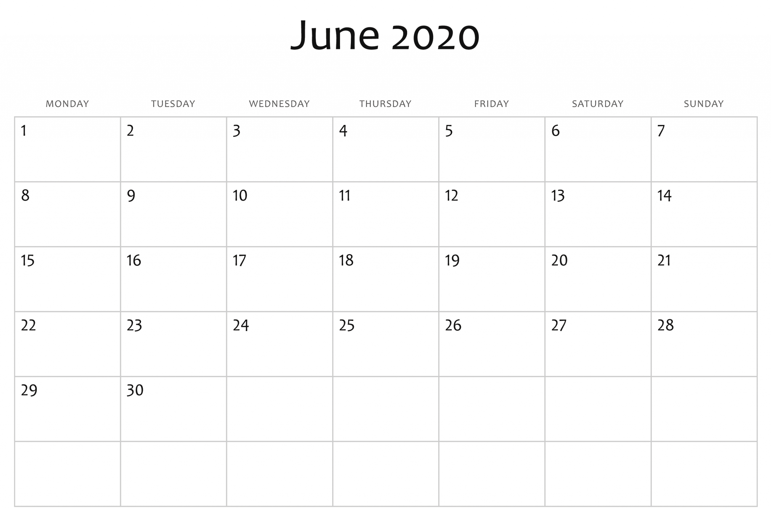 June 2020 Calendar Printable Blank Template Pdf Word Excel