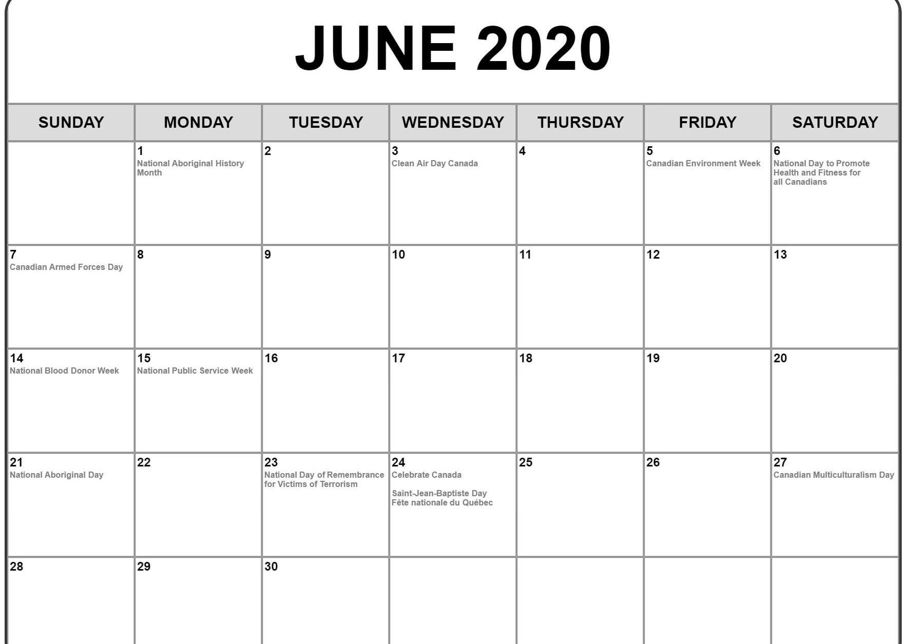 June 2020 Calendar With Holidays | Monthly Calendar Template