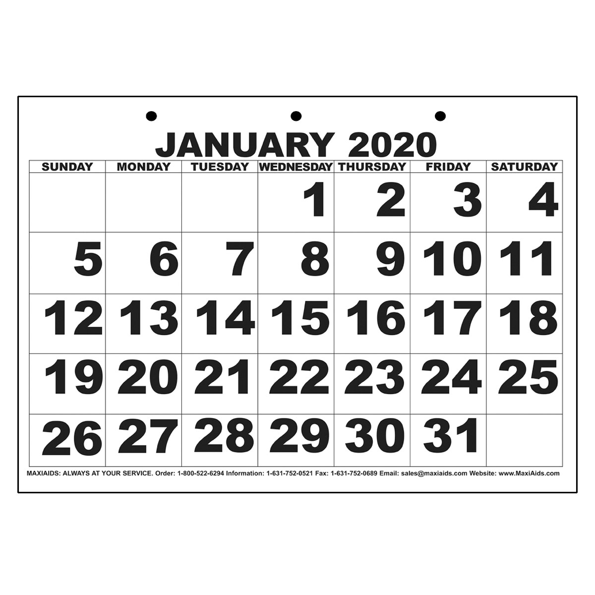 Low Vision Print Calendar - 2020