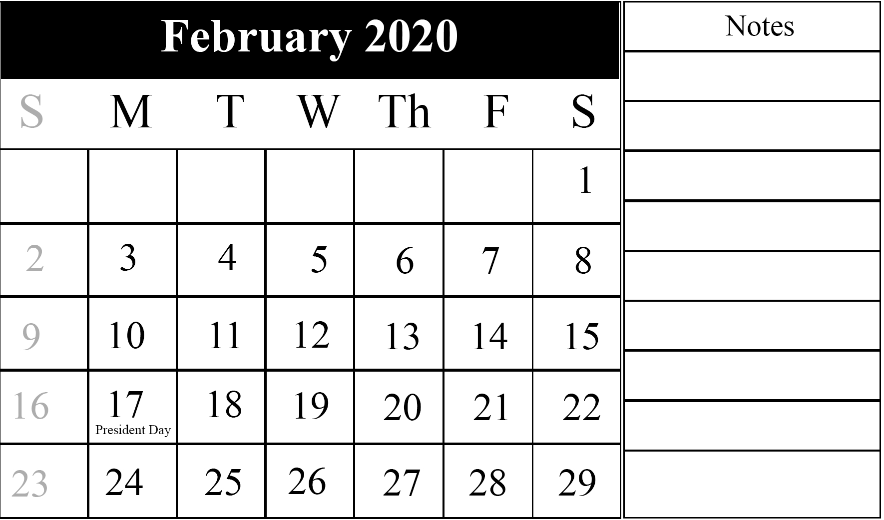 Lunar Calendar For February 2020 Fillable Printable With