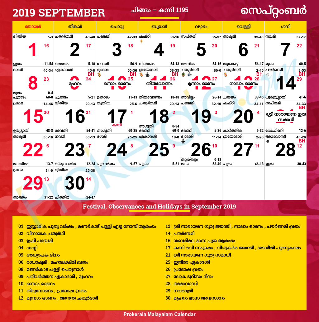 Malayalam Calendar 2019 | Kerala Festivals | Kerala Holidays