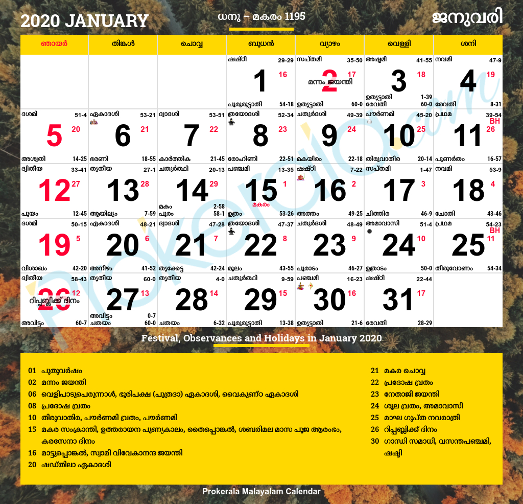 Malayalam Calendar 2020, January