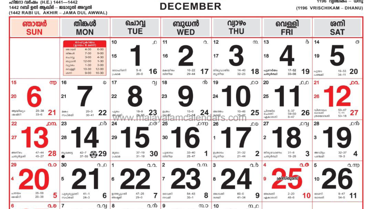 Malayalam Calendar December 2020 – Malayalamcalendars