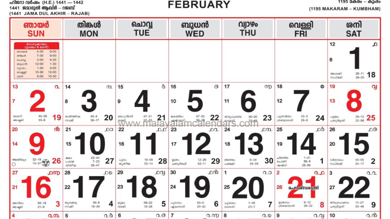 Malayalam Calendar February 2020 – Malayalamcalendars