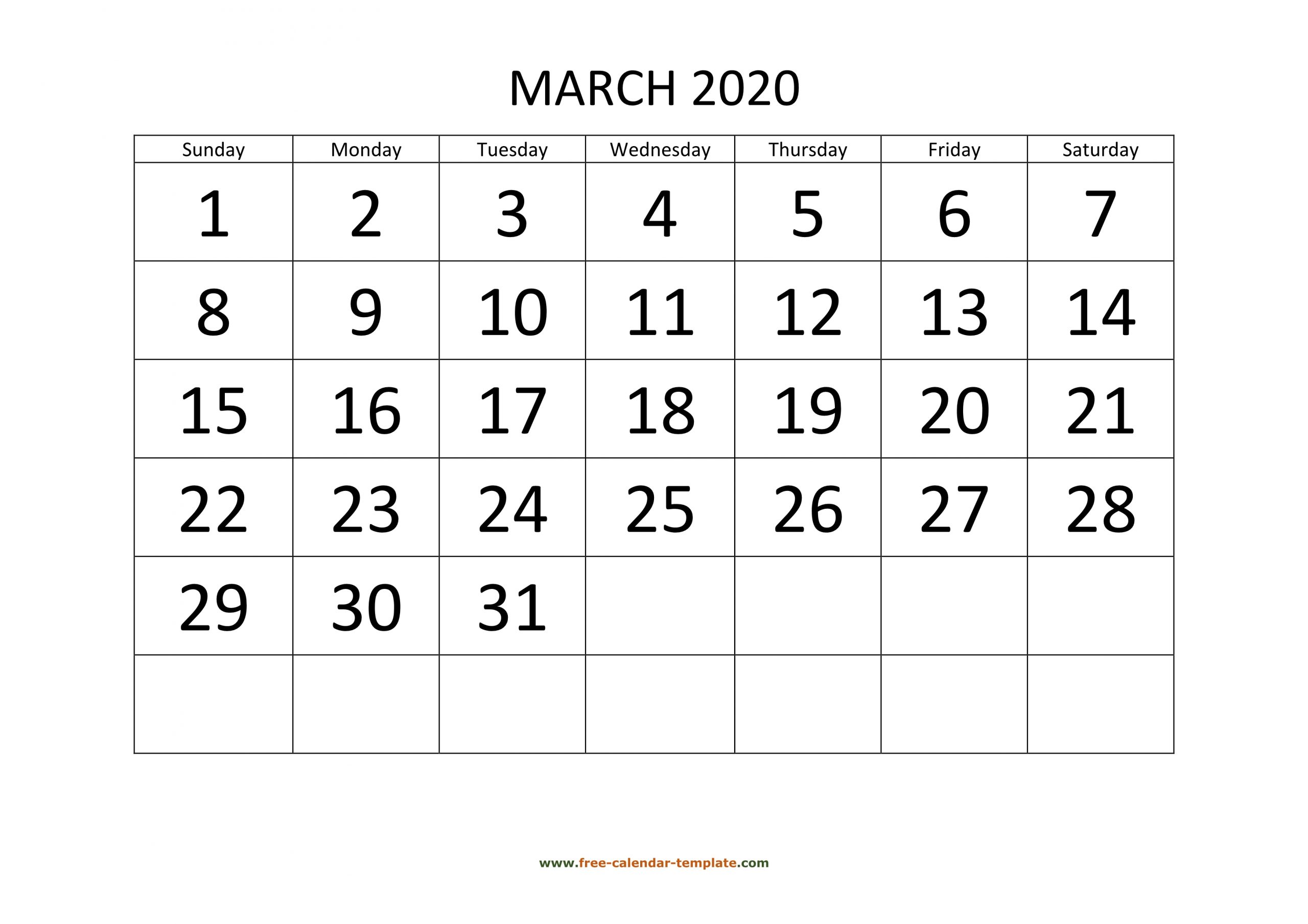March 2020 Calendar Designed With Large Font (Horizontal