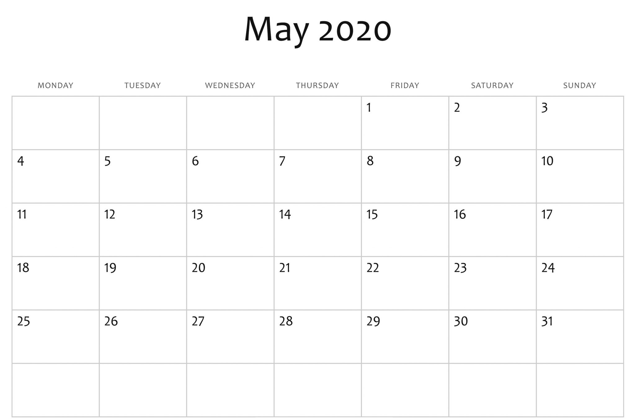 May 2020 Calendar Printable Blank Template Pdf Word Excel