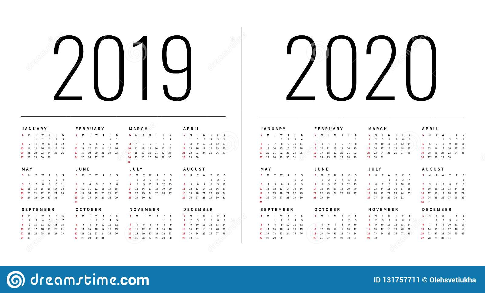 Mockup Simple Calendar Layout For 2019 And 2020 Years. Week