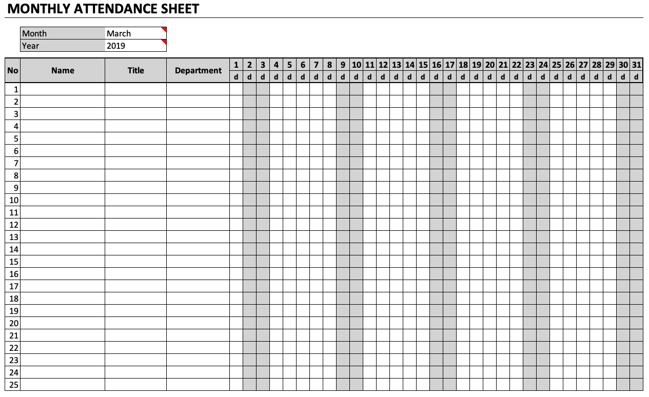 Monthly Attendance Sheet Chart | Attendance Sheet