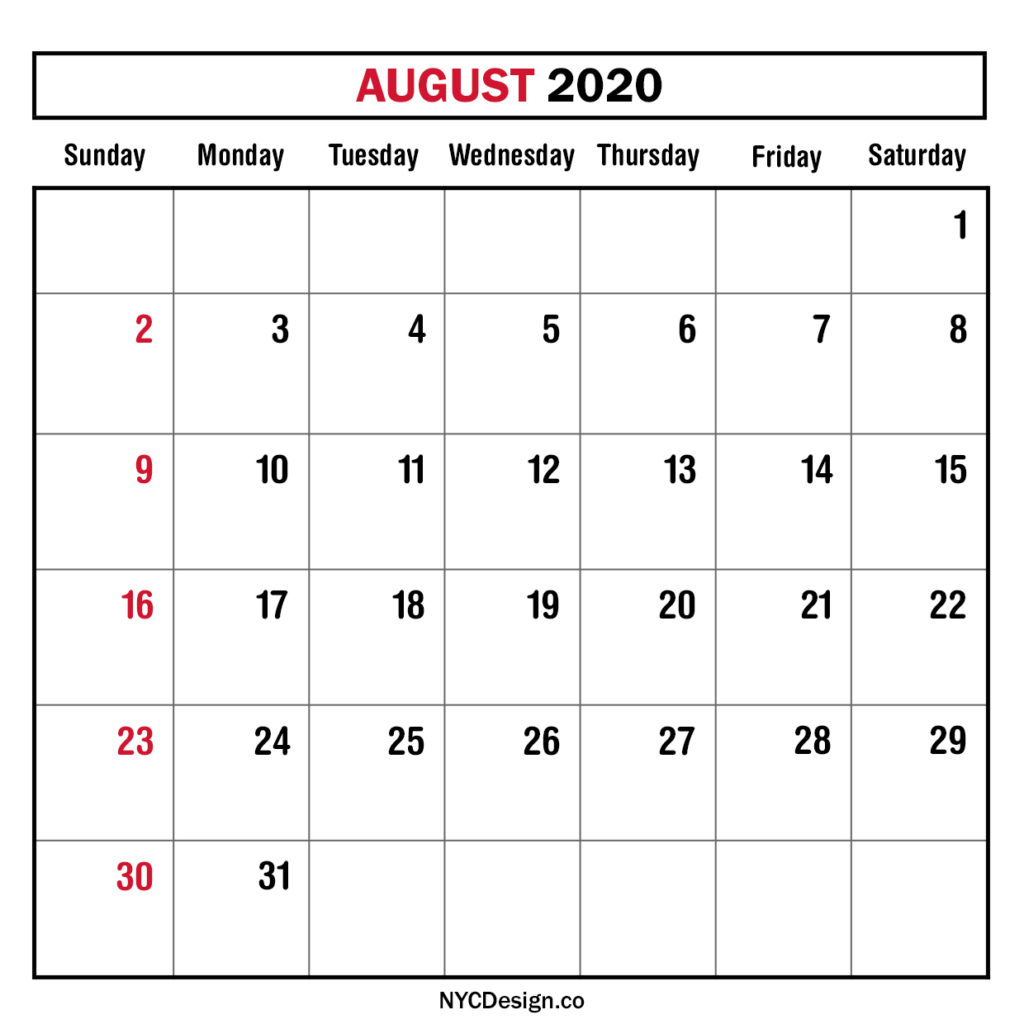 Monthly Calendar August 2020, Monthly Planner, Printable