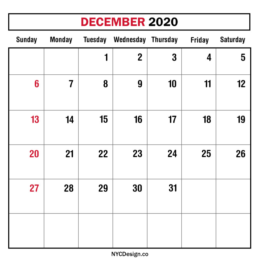 Monthly Calendar December 2020, Monthly Planner, Printable