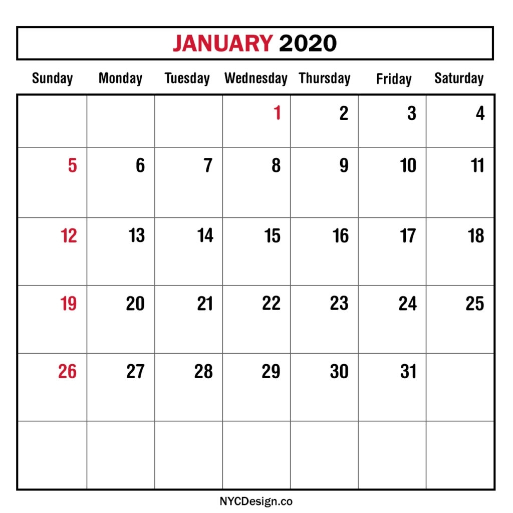 Monthly Calendar January 2020, Monthly Planner, Printable