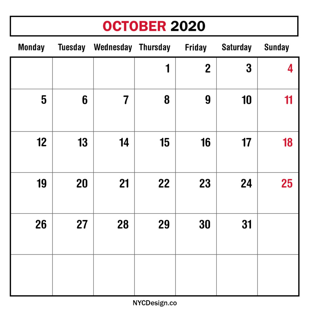 Monthly Calendar October 2020, Monthly Planner, Printable