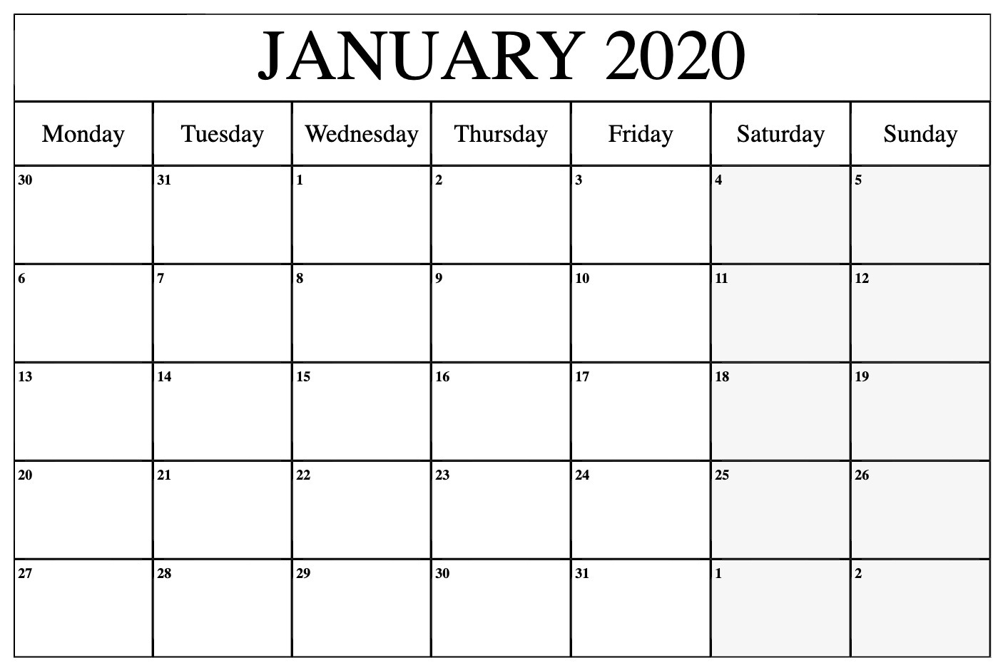 Monthly January 2020 Calendar Printable Pdf Word Excel