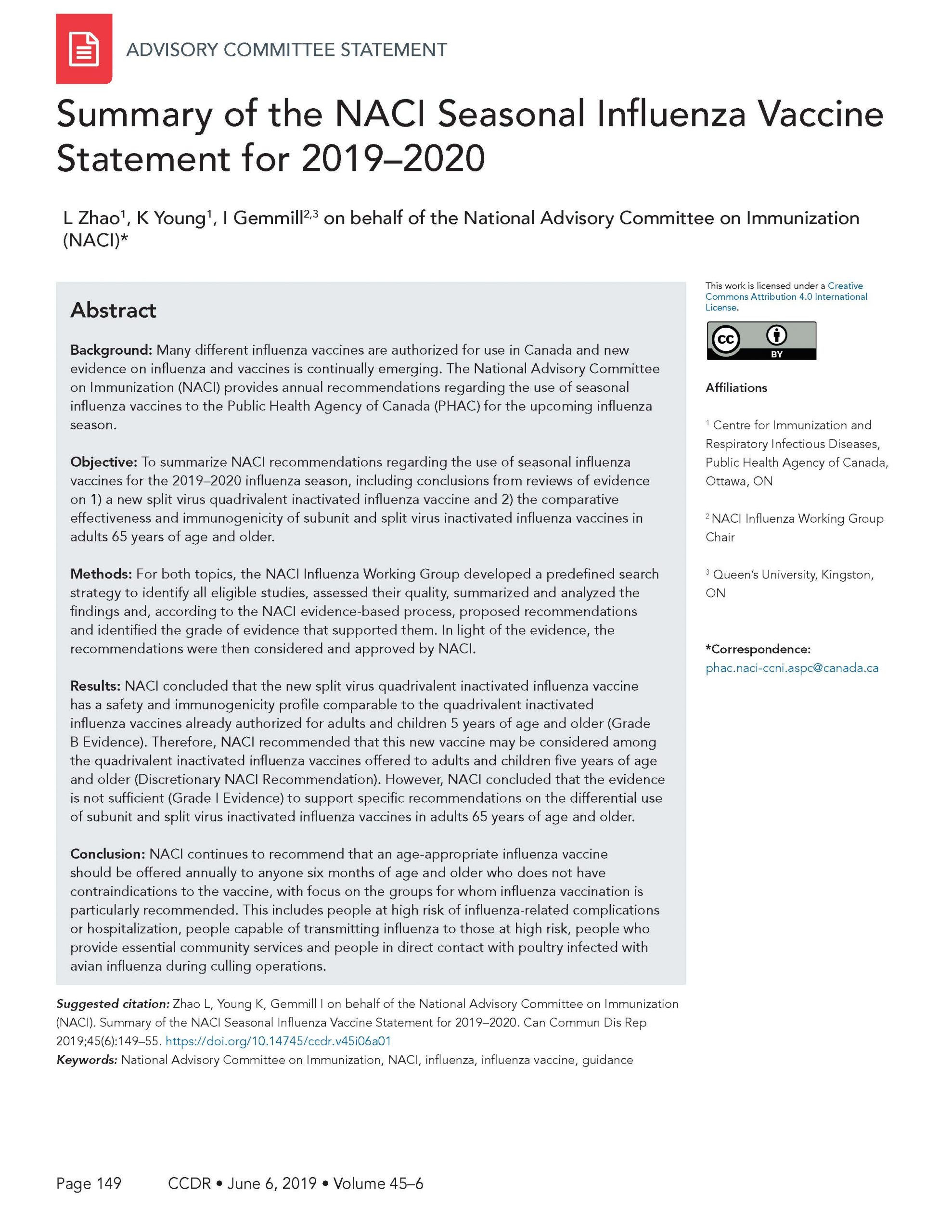 Naci Seasonal Influenza Vaccine Statement For 2019–2020