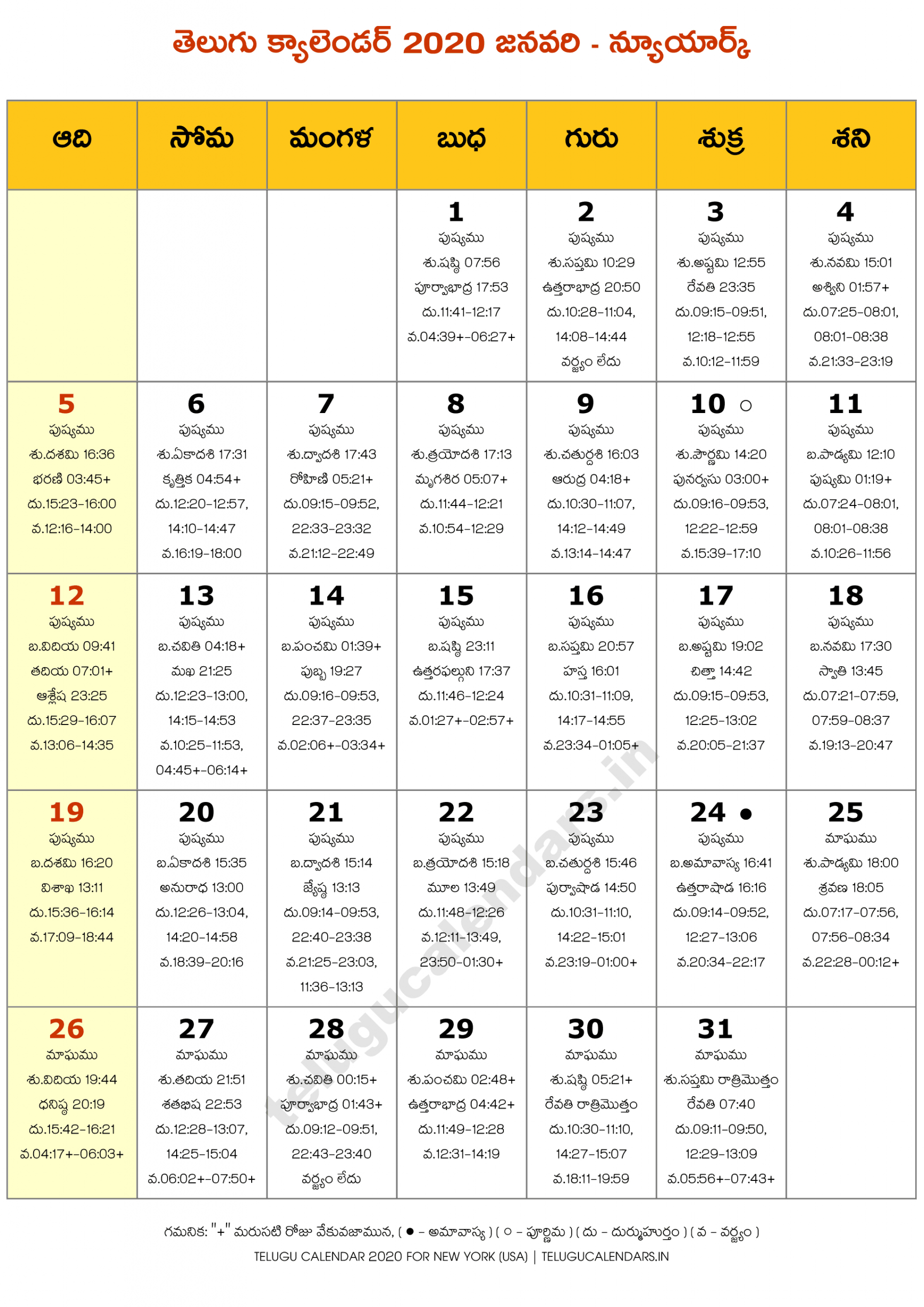 New York 2020 January Telugu Calendar | Telugu Calendars