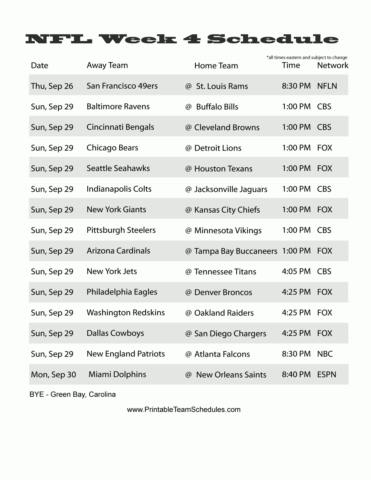 Printable Nfl Weekly Schedule Customize and Print