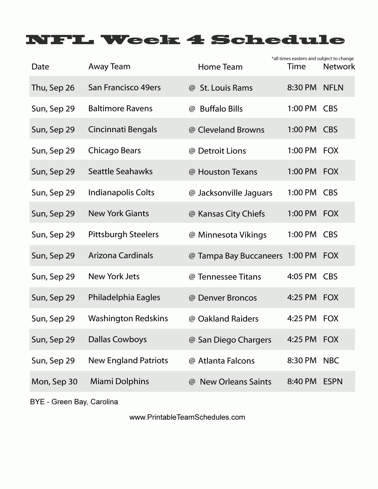 Nfl Weekly Schedule Printable