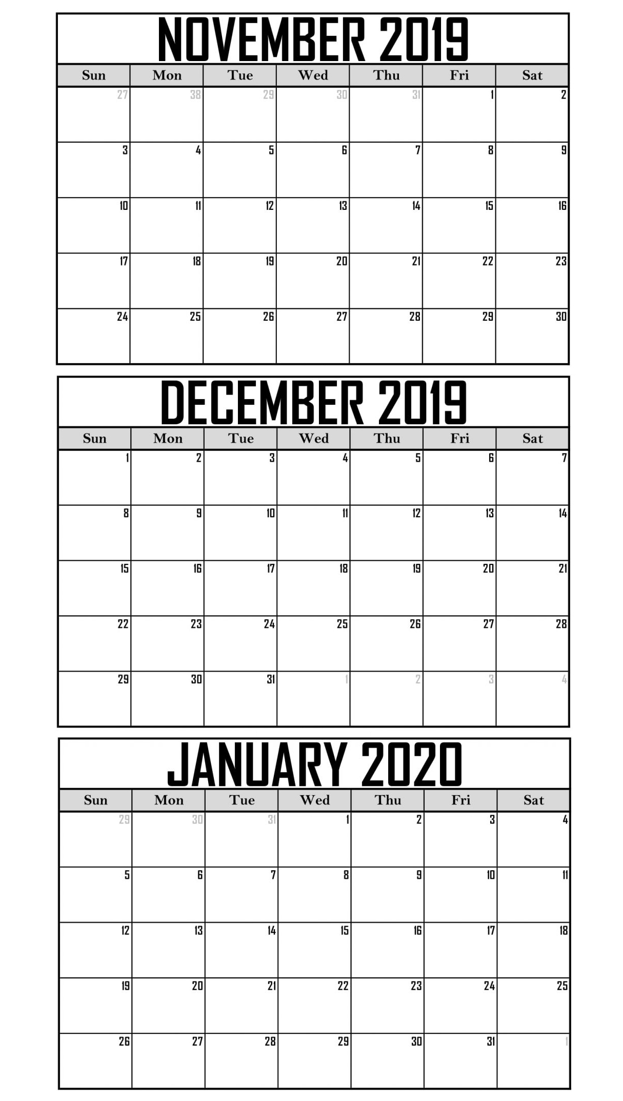 November 2019 To January 2020 Calendar Template - 2019