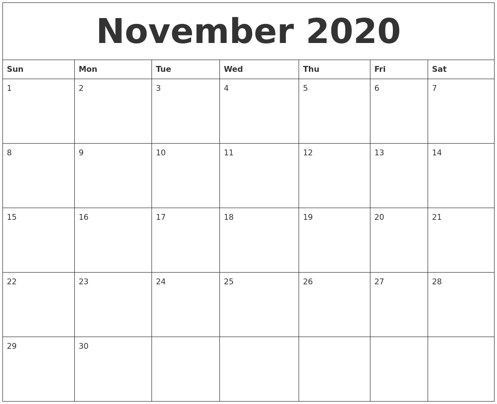 November 2020 Blank Monthly Calendar Template