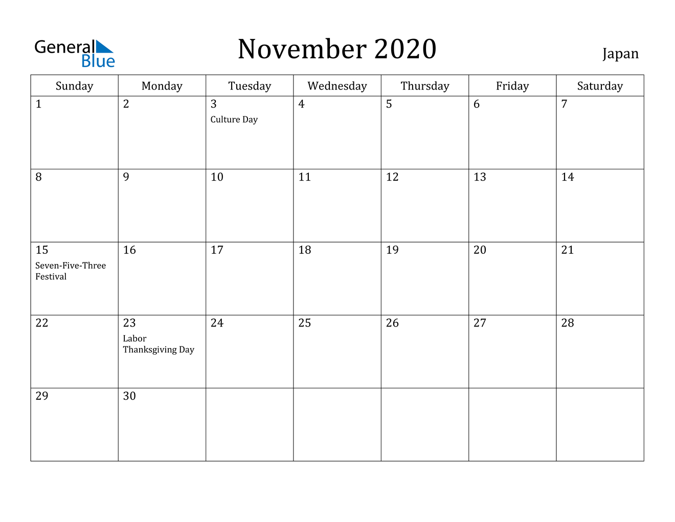 November 2020 Calendar - Japan