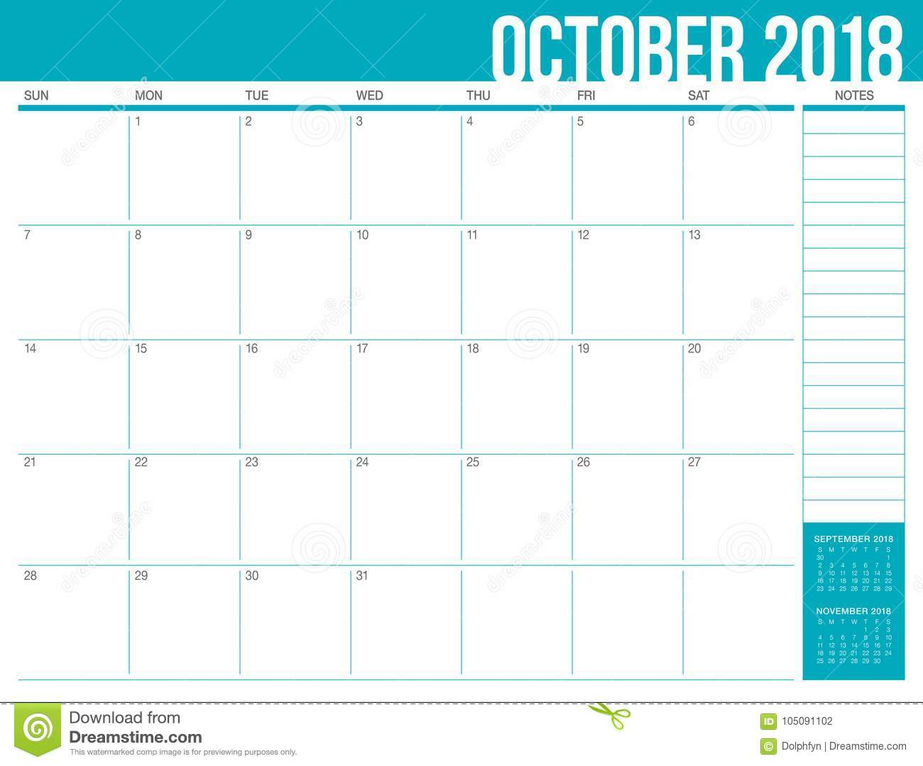 October 2018 Planner Calendar Vector Illustration Stock