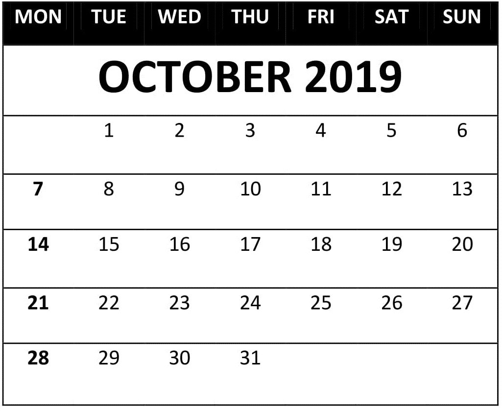 October 2019 Calendar Template - Freelatest Calendar - Medium
