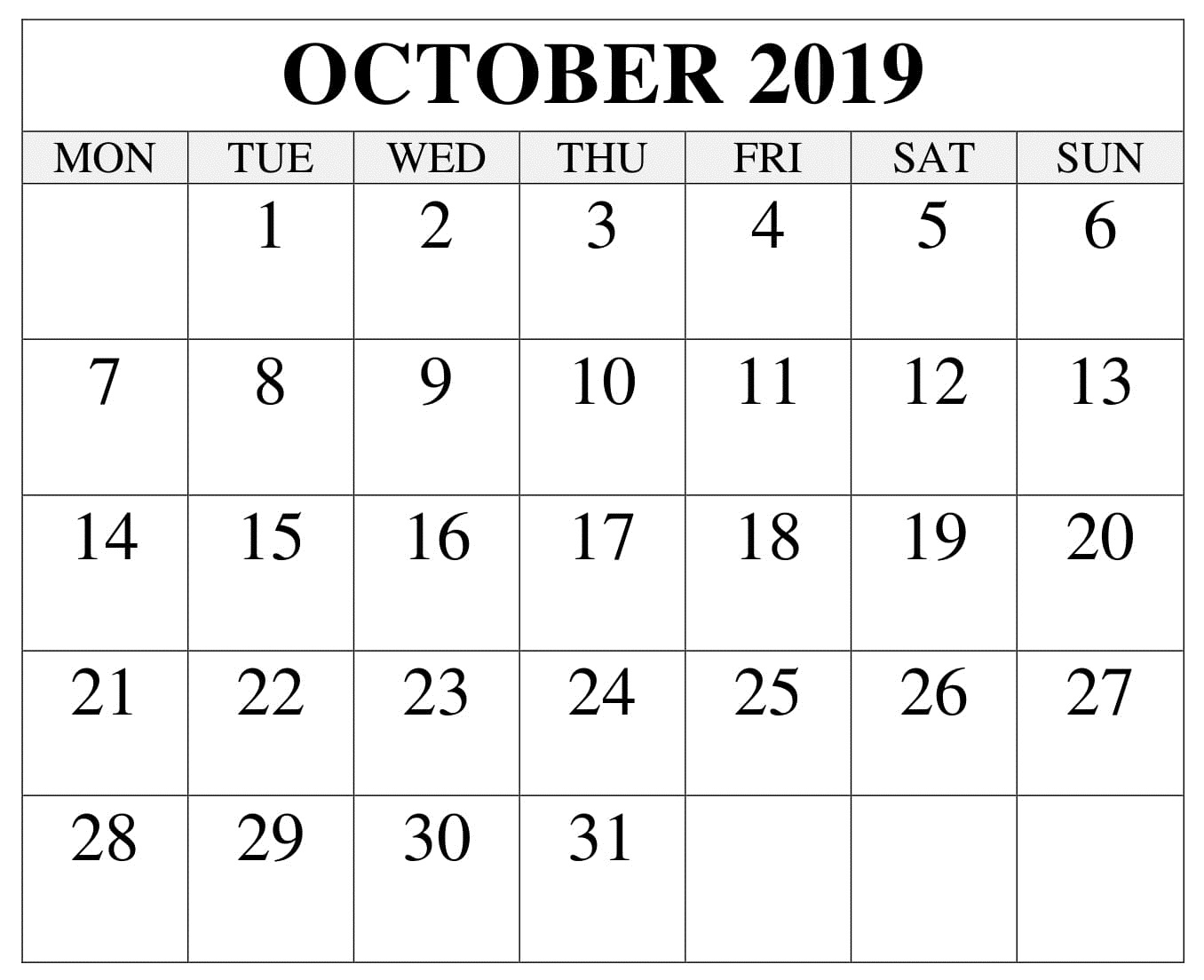 October 2019 Calendar Template Word , Excel - Latest