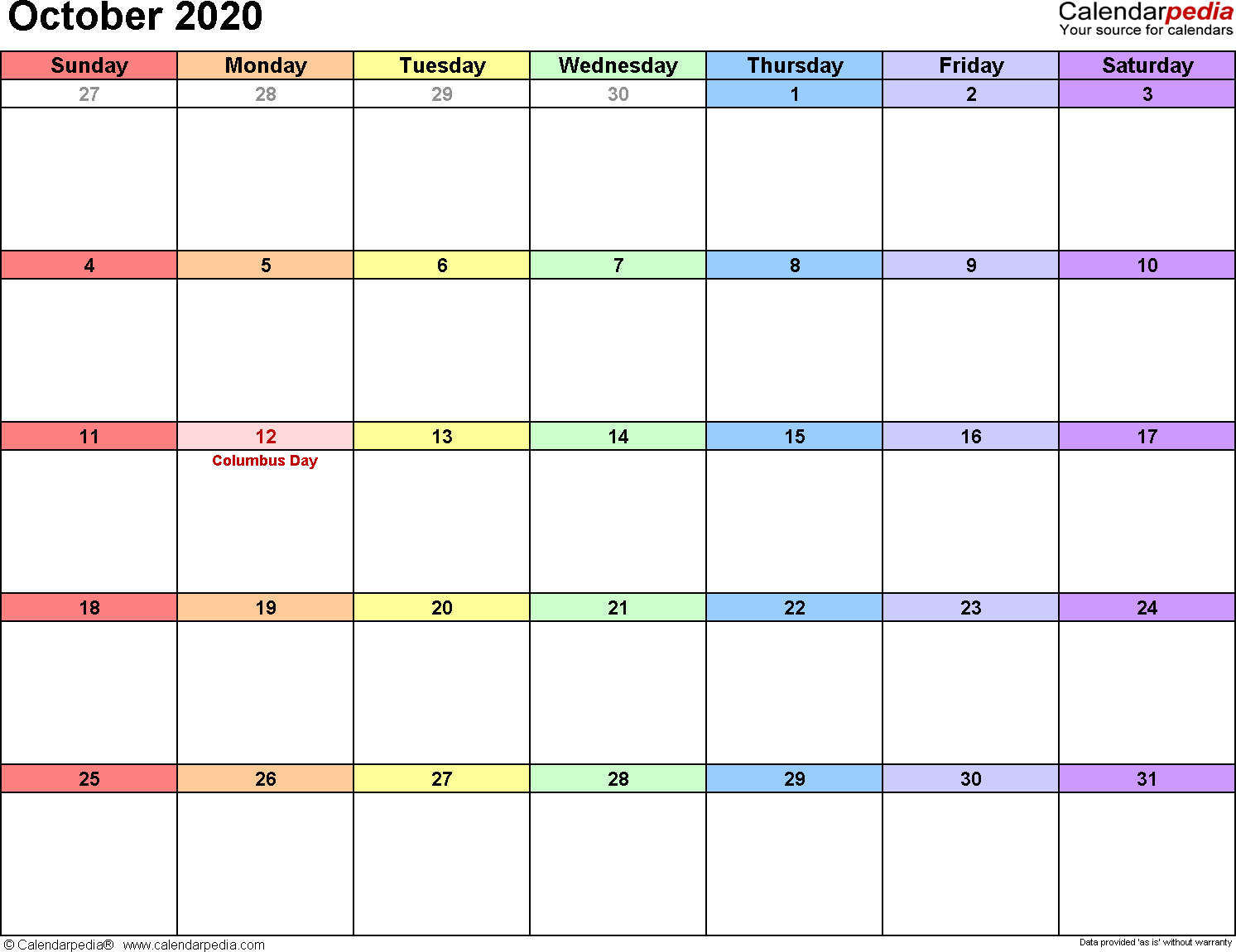 October 2020 Calendars For Word, Excel &amp; Pdf