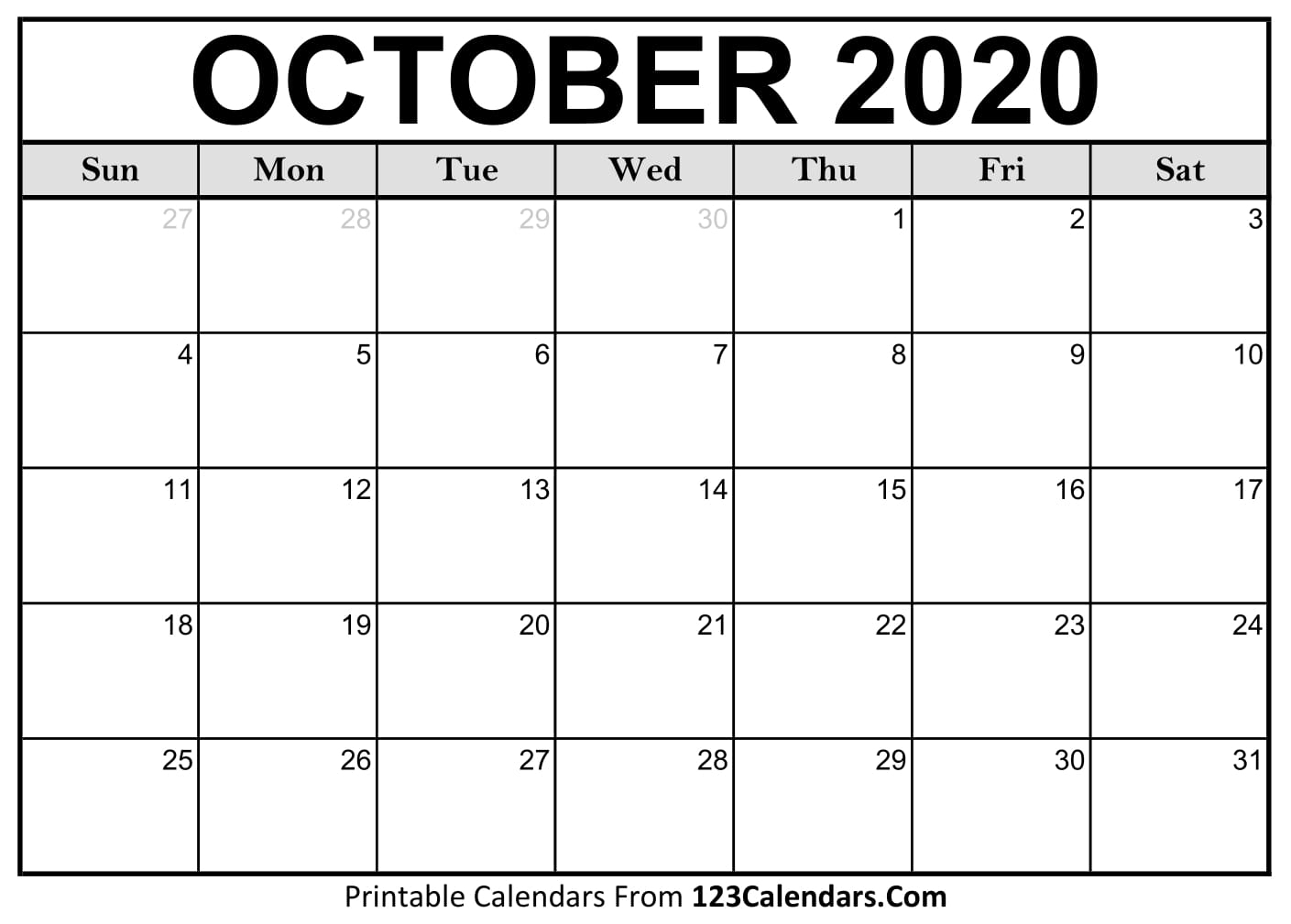 October 2020 Printable Calendar | 123Calendars