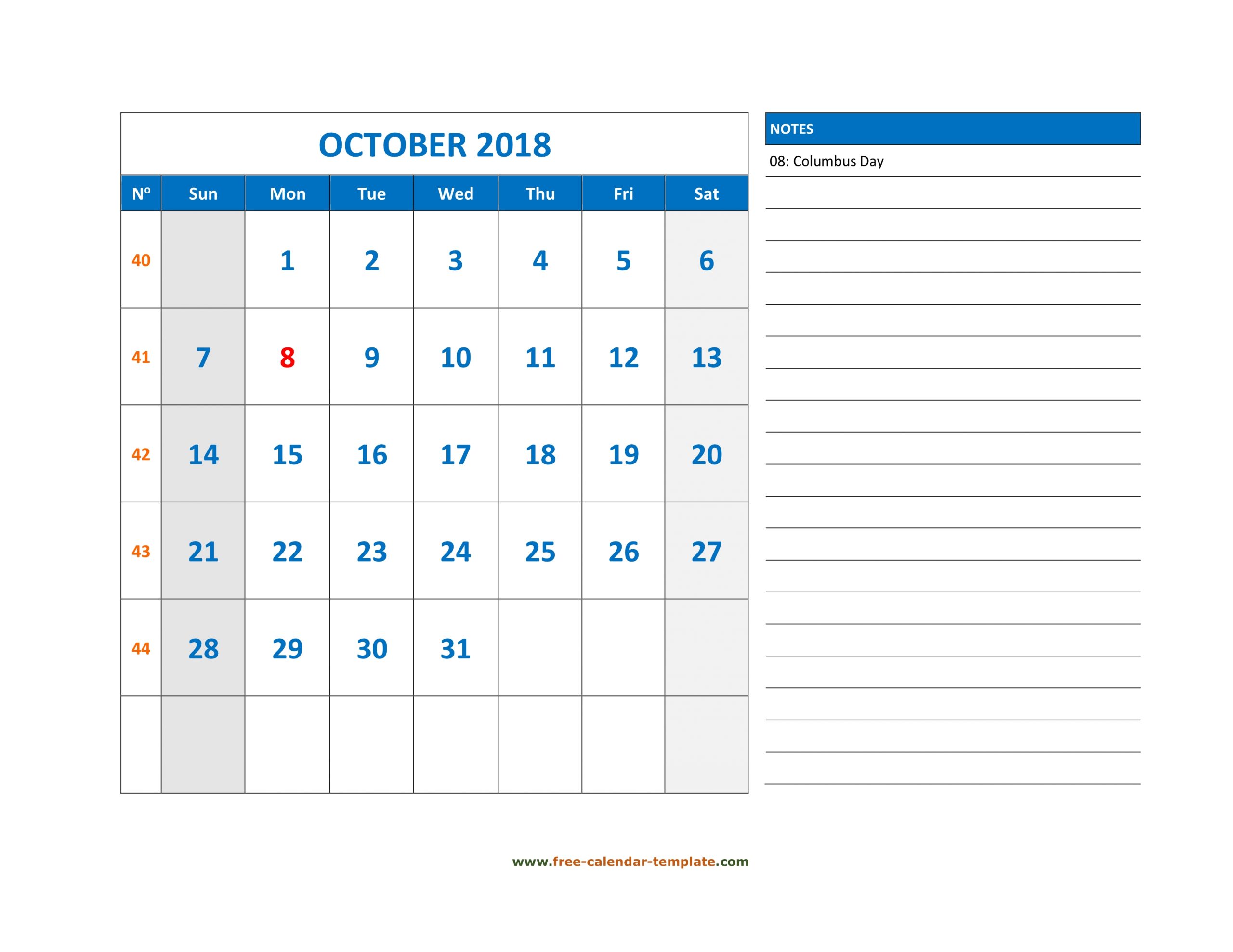 October Calendar 2018 Grid Lines For Holidays And Notes