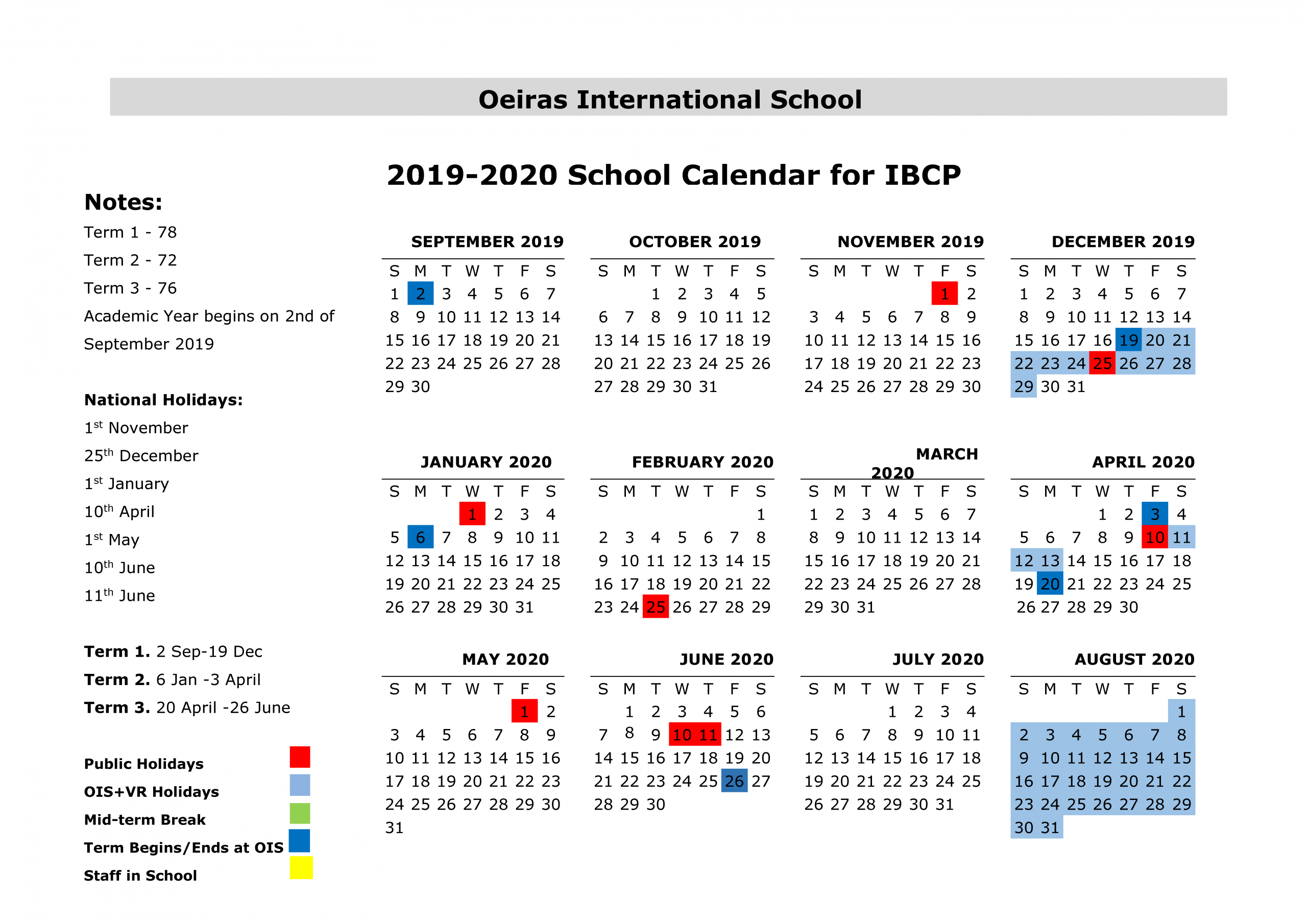 Ois School Calendar 2019-20 – Oeiras International School