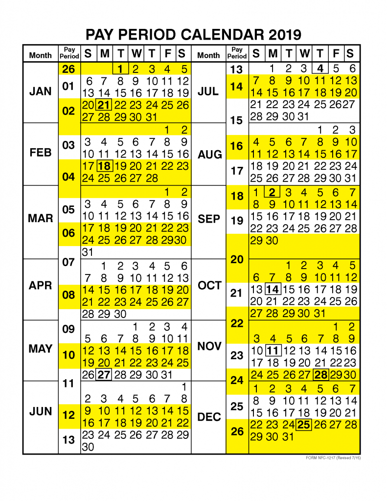 Pay Period Calendar 2019 By Calendar Year | Free Printable