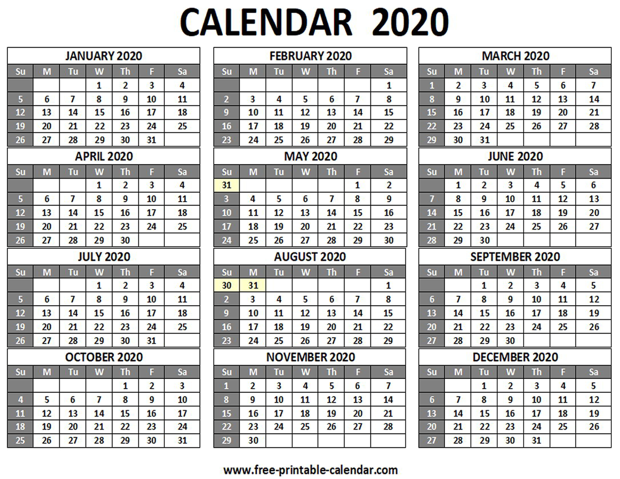 Printable 2020 Calendar - Free-Printable-Calendar