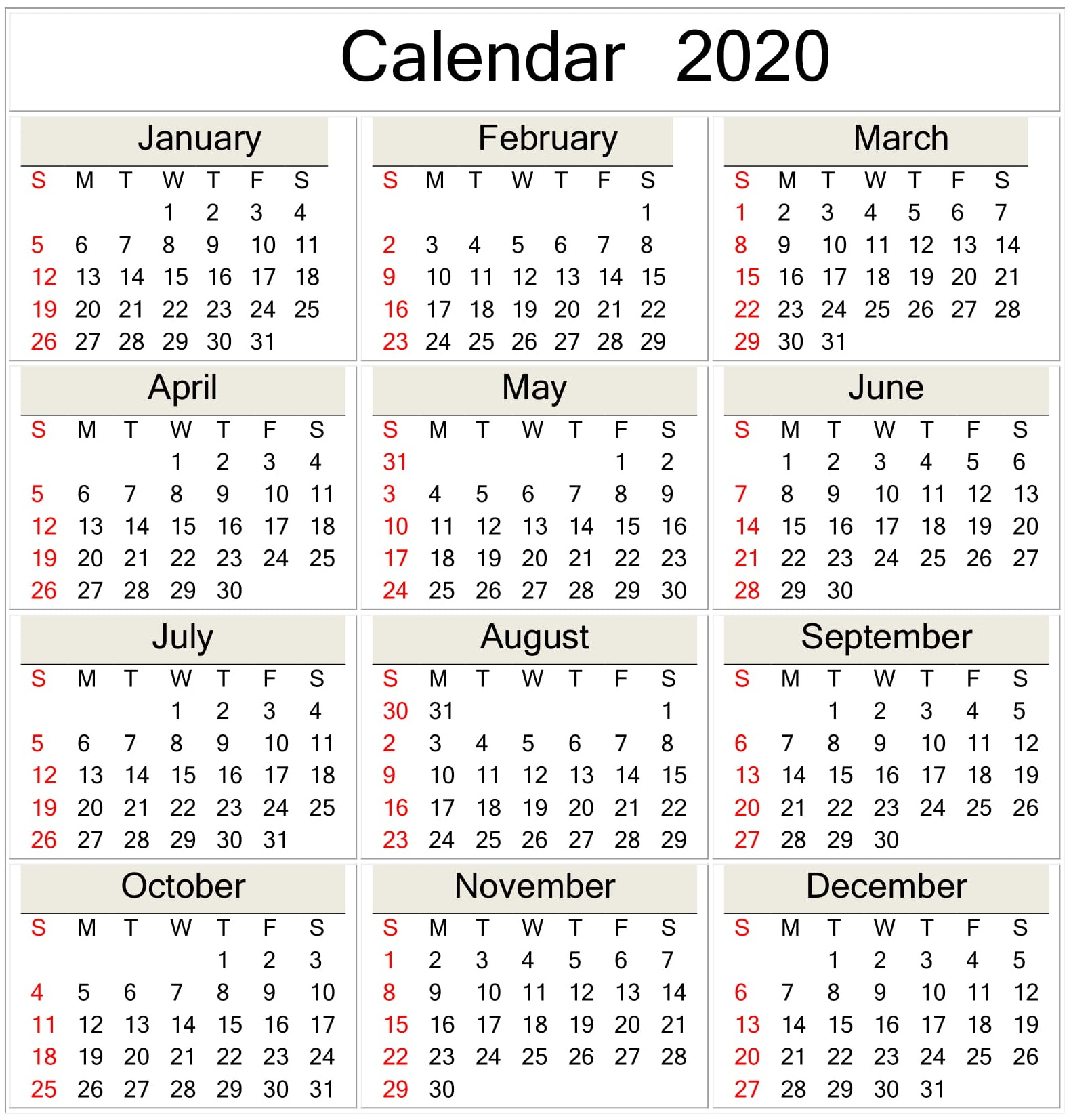 Printable 2020 Calendar Online Download – Free Latest
