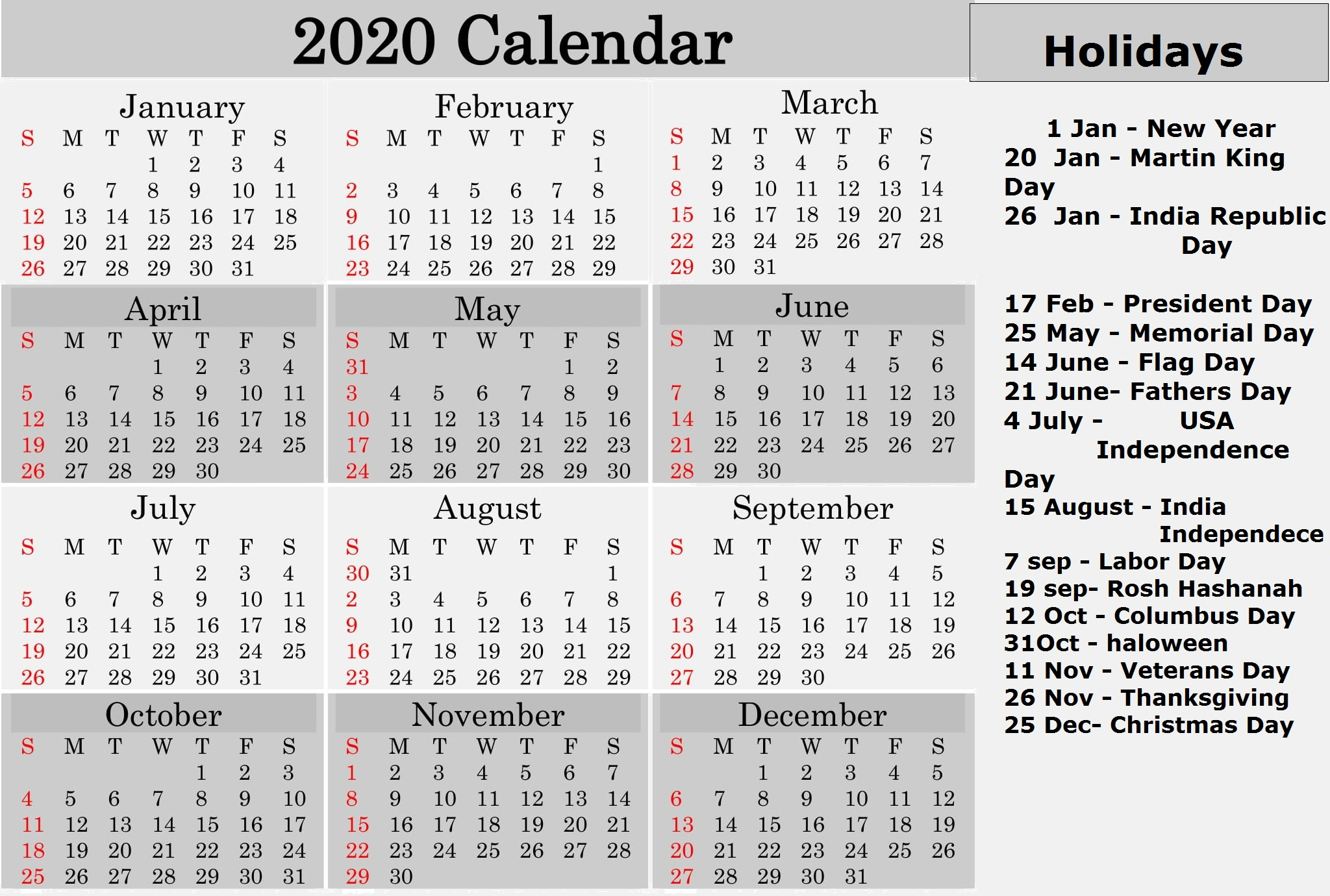 Printable 2020 Calendar With Federal Holidays – Free Latest