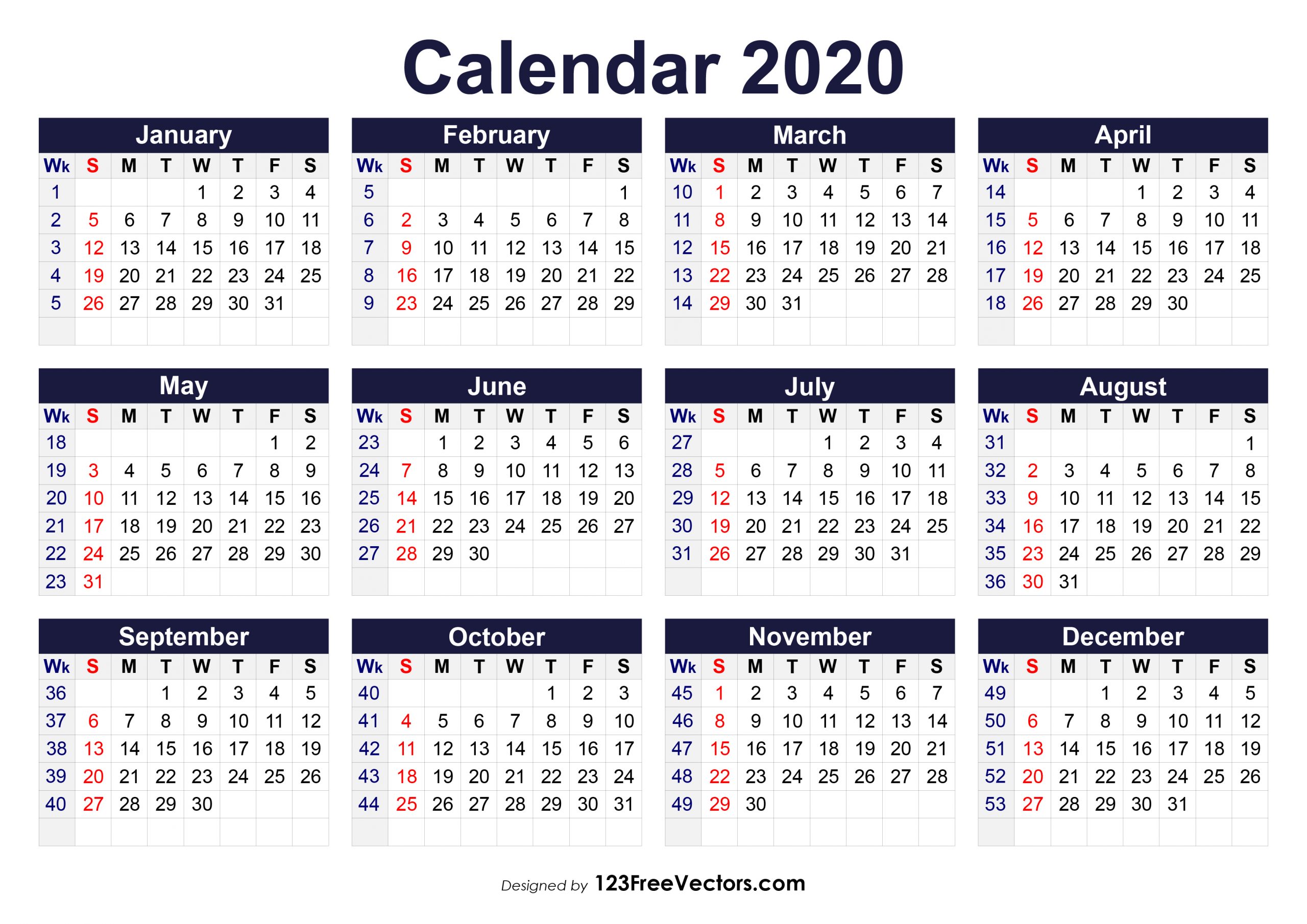 Get 2020 Monthly Calinder With Week Numbers
