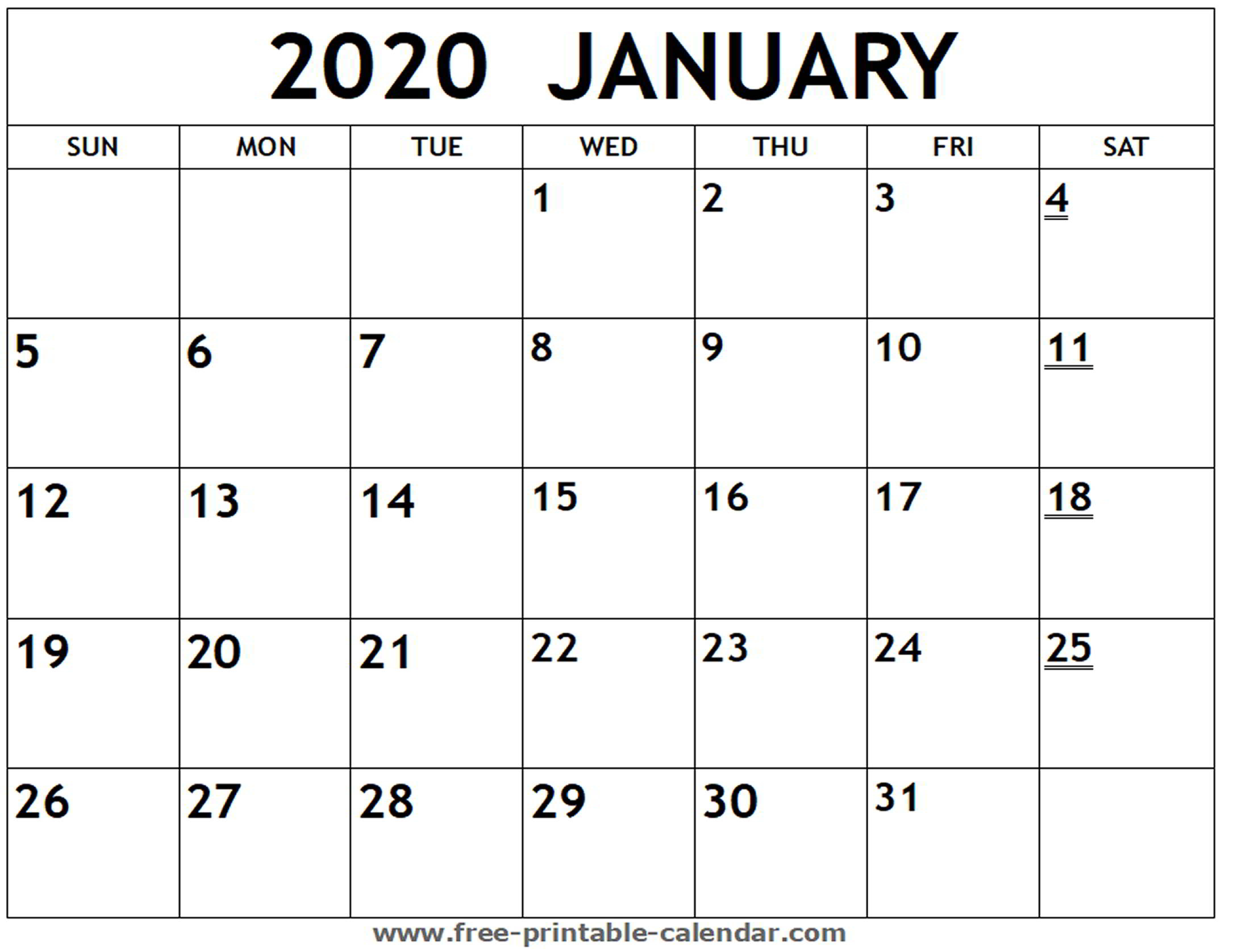 Printable 2020 January Calendar - Free-Printable-Calendar