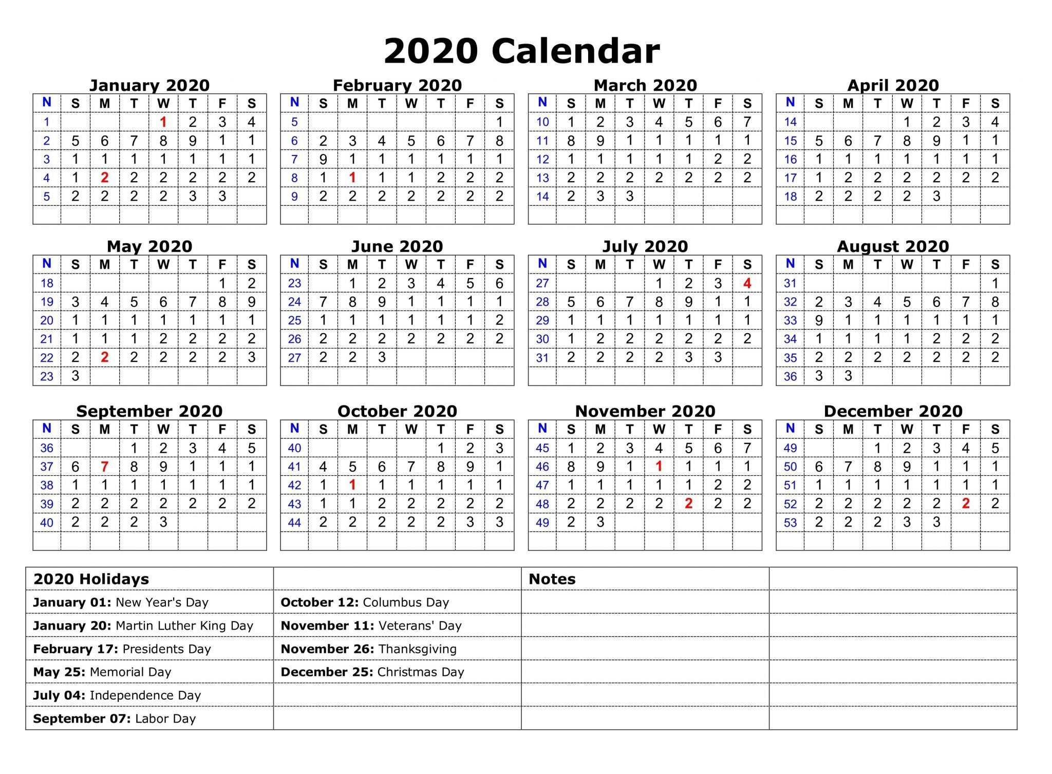 Printable 2020 One Page Holidays Calendar | Holiday Calendar