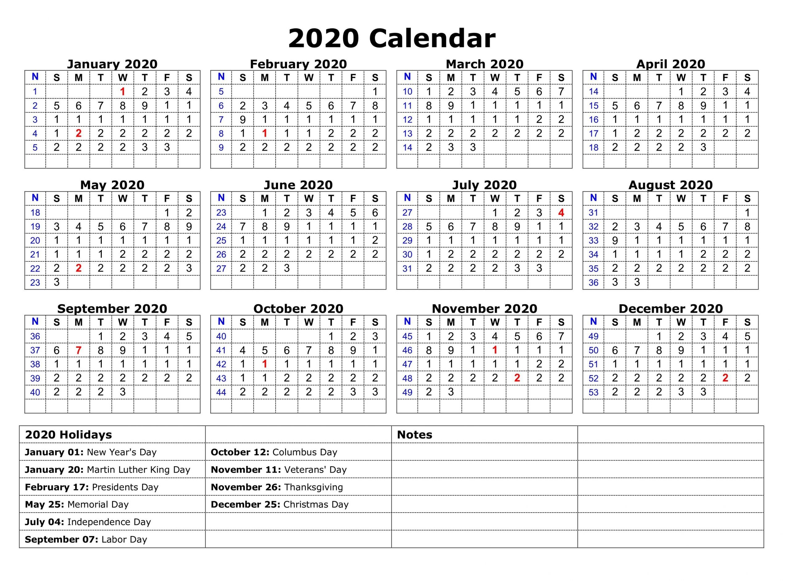 Printable 2020 One Page Holidays Calendar | November