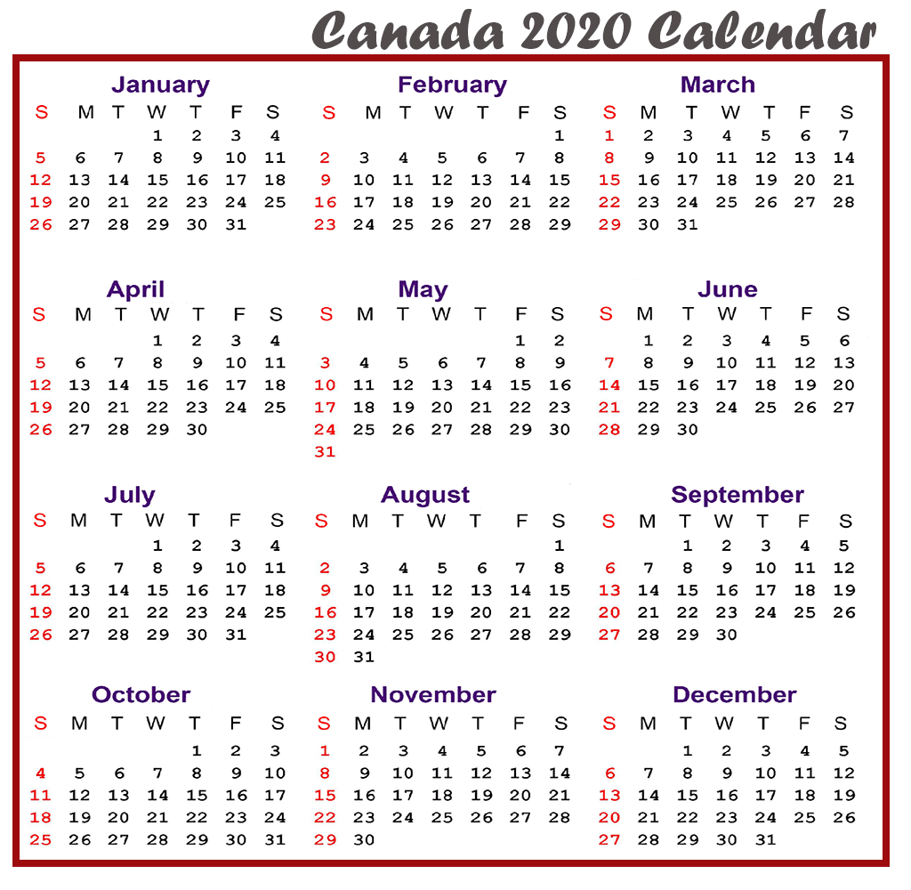 Printable Calendar 2020 With Canada Holidays | Best