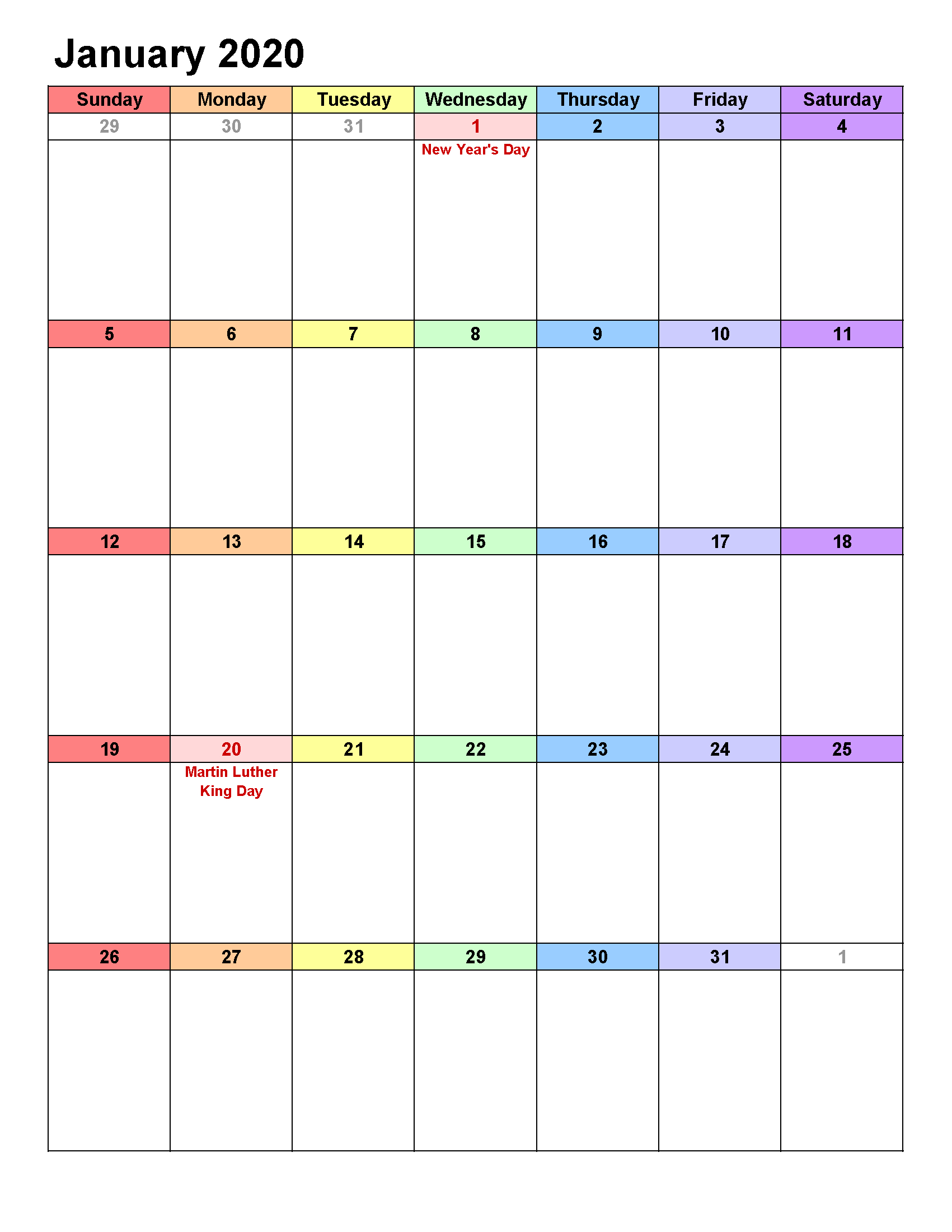 Printable Calendar Template January 2020 Calendar Portrait