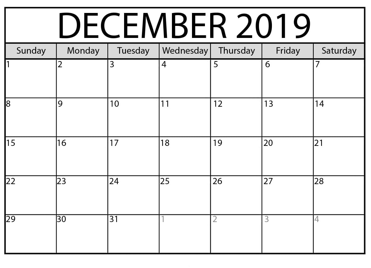 Printable December 2019 Calendar – Waterproof Paper