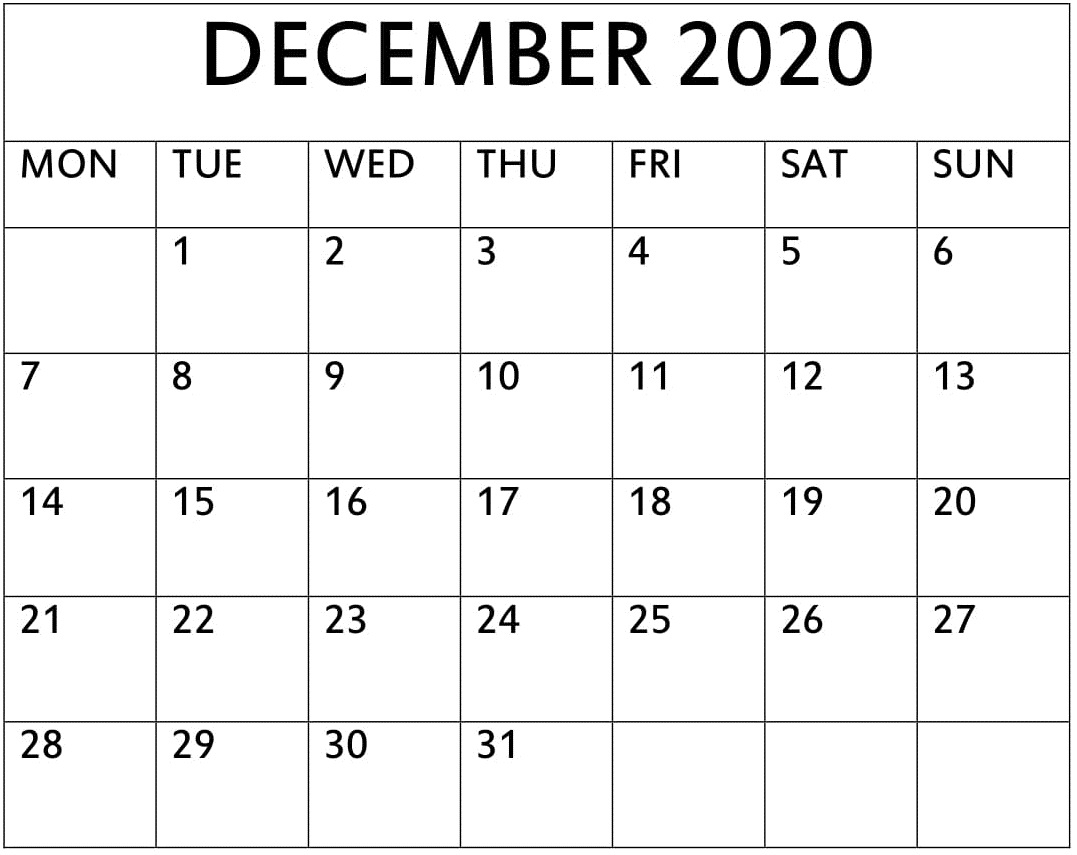 Printable December 2020 Calendar One Page – Free Latest