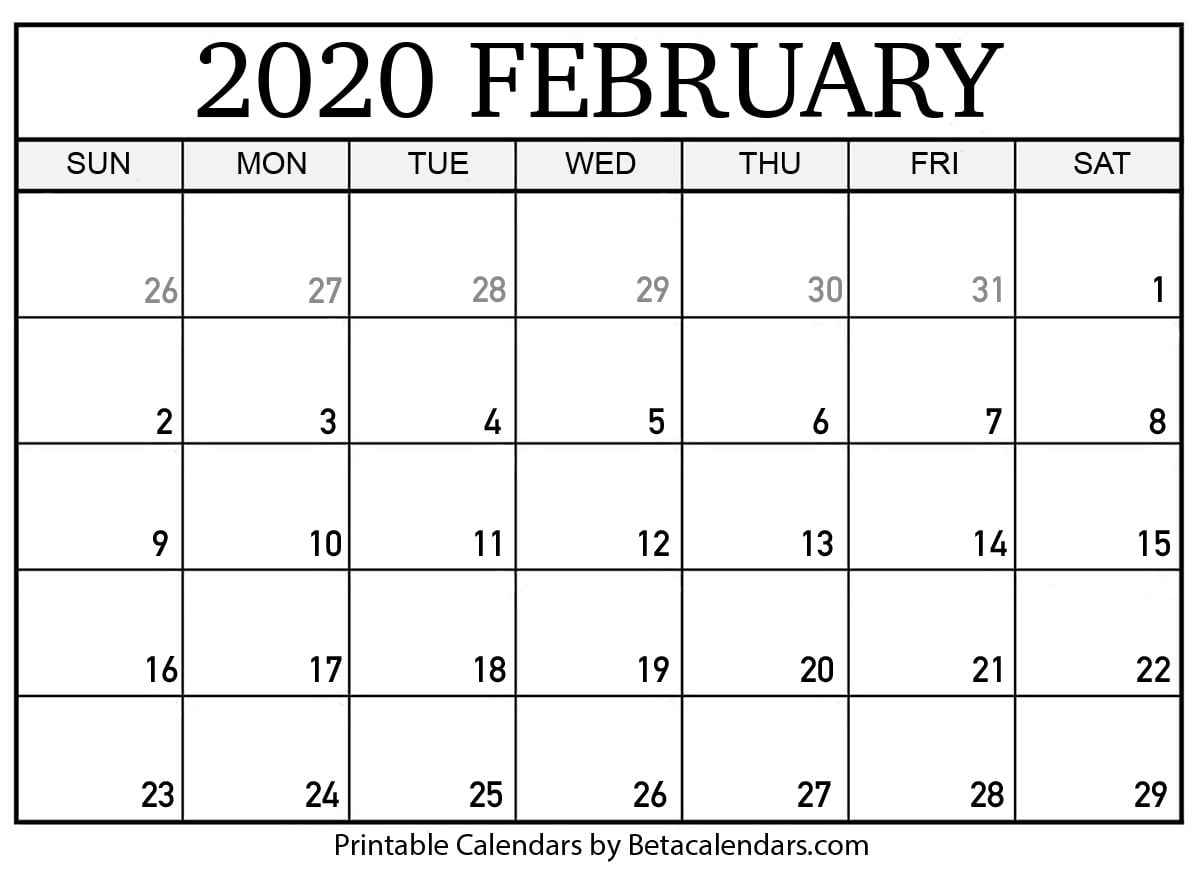 Printable February 2020 Calendar - Beta Calendars