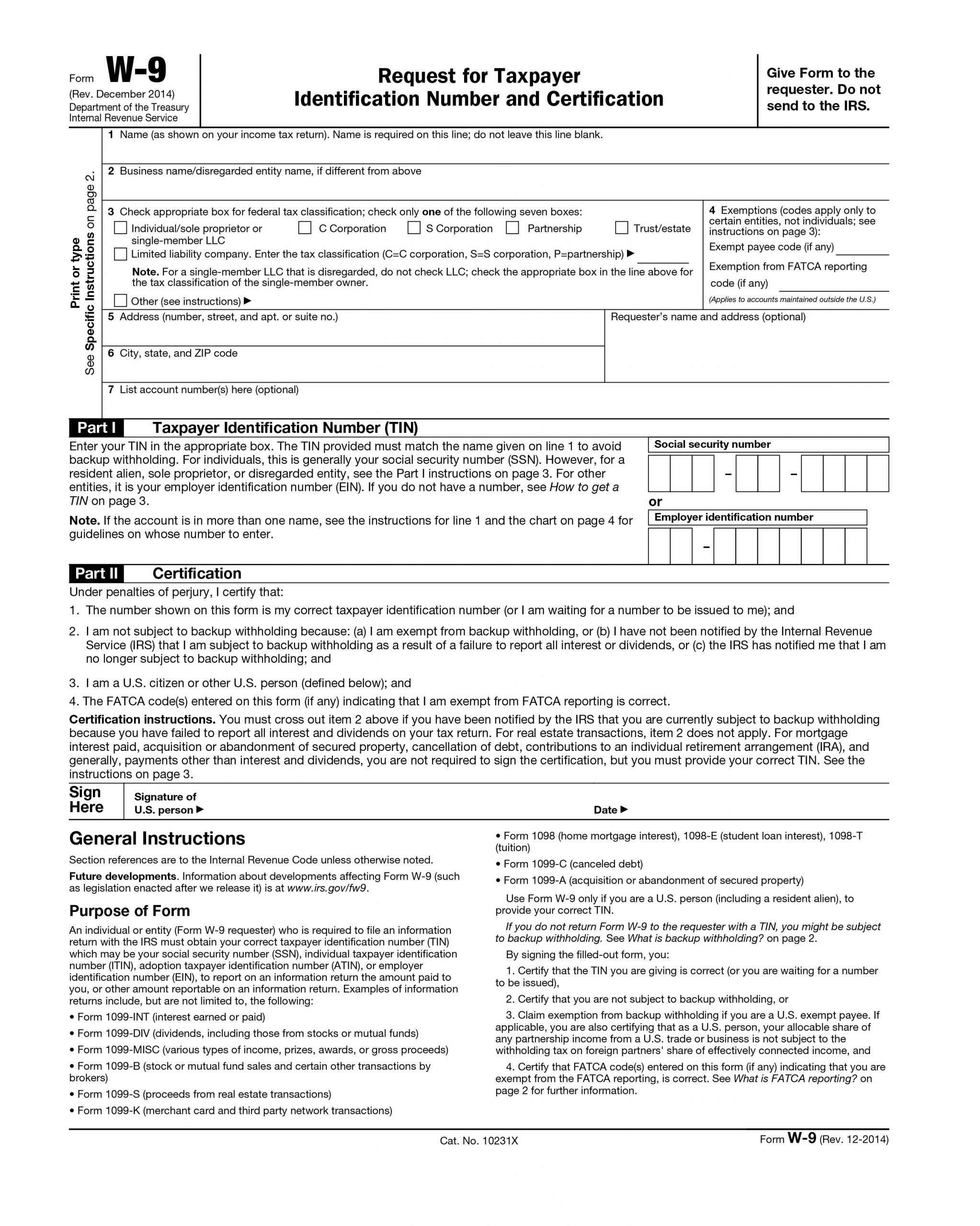 Printable Irs W-9 Blank 2019 - 2020 For Free Use