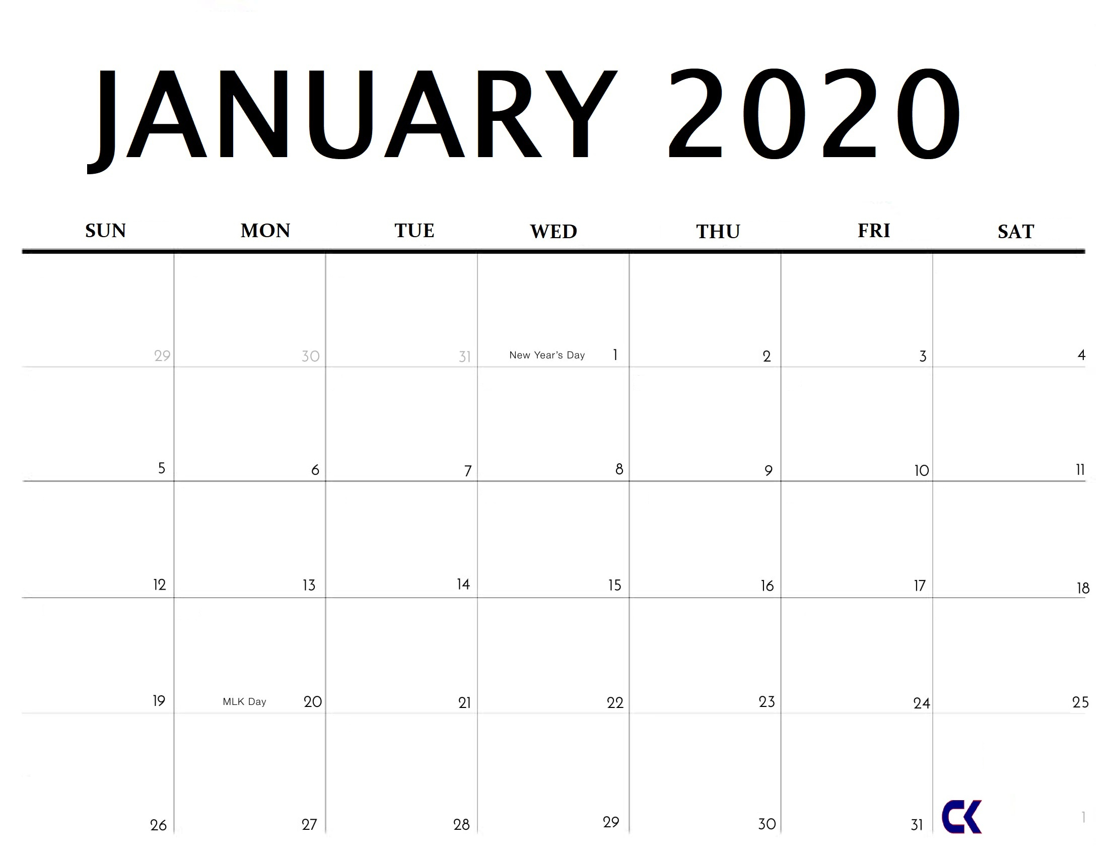 Printable January 2020 Calendar - Calendar-Kart