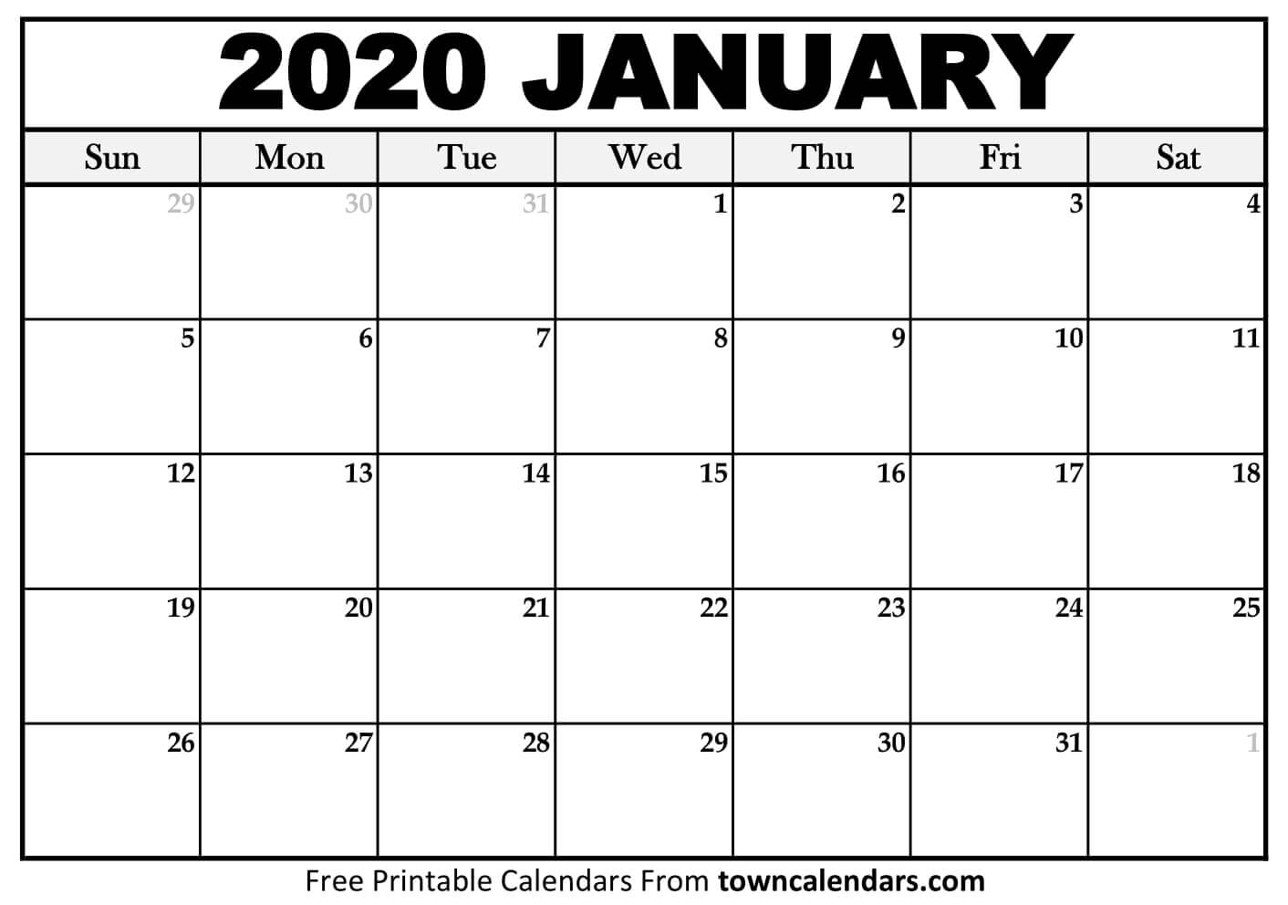 Printable January 2020 Calendar - Towncalendars
