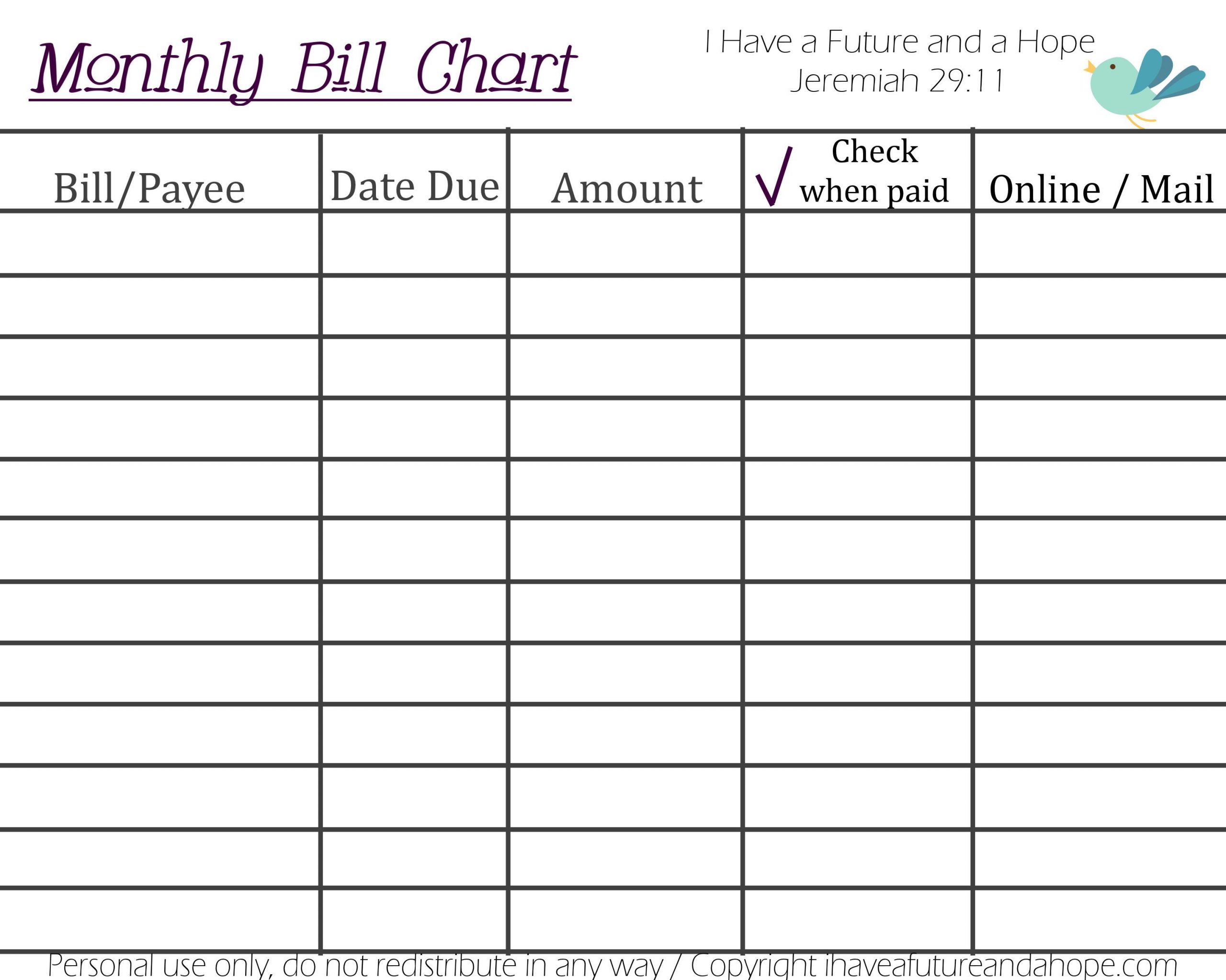 Printable Monthly Bill Chart | Bill Calendar, Bill Template